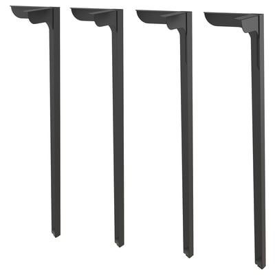 Four black SKÅLSTA table legs in l-shape, made of steel with powder coating, displayed side by side.
