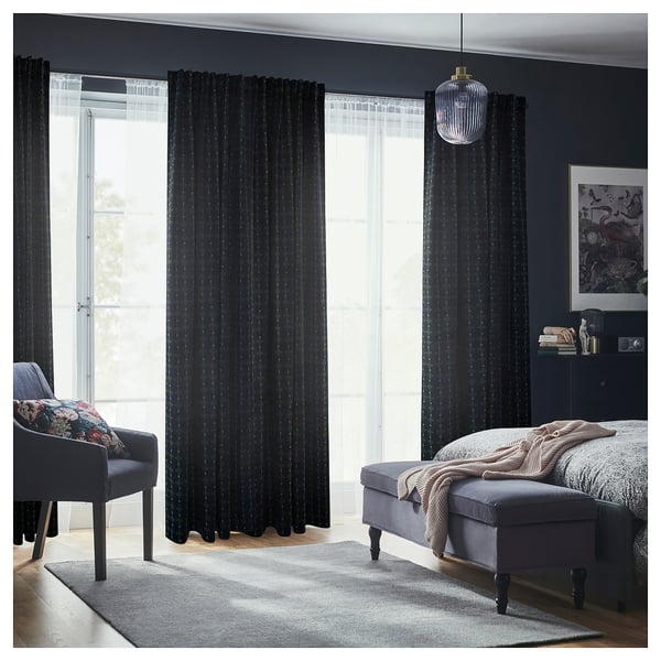 SKOGSSVINGEL Room darkening curtains, 1 pair, dark blue/green, 145x250 cm