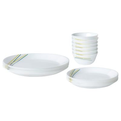 SKRÄNTÄRNA set: white plates & bowls with gold, blue stripes. Opal glass, round, stackable, elegant design.