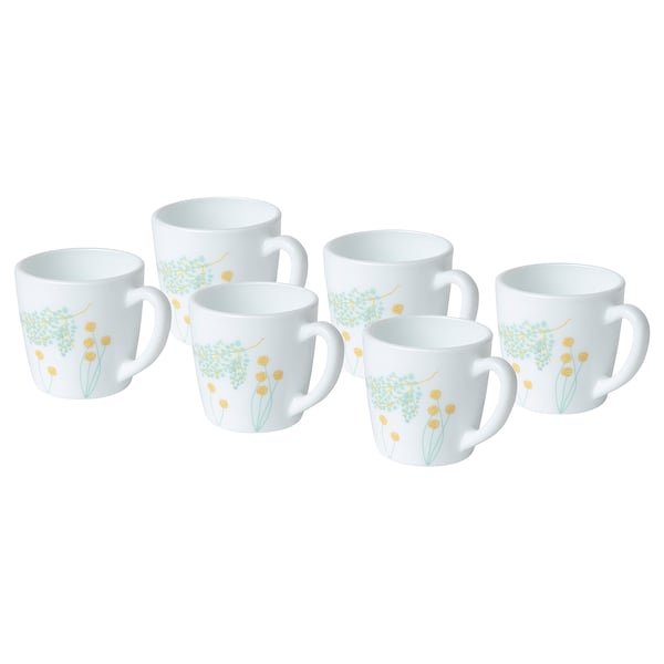Six white mugs, floral design in pastel hues, arranged together. Lightweight, durable tempered glass.