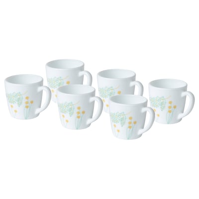 Six white mugs, floral design in pastel hues, arranged together. Lightweight, durable tempered glass.
