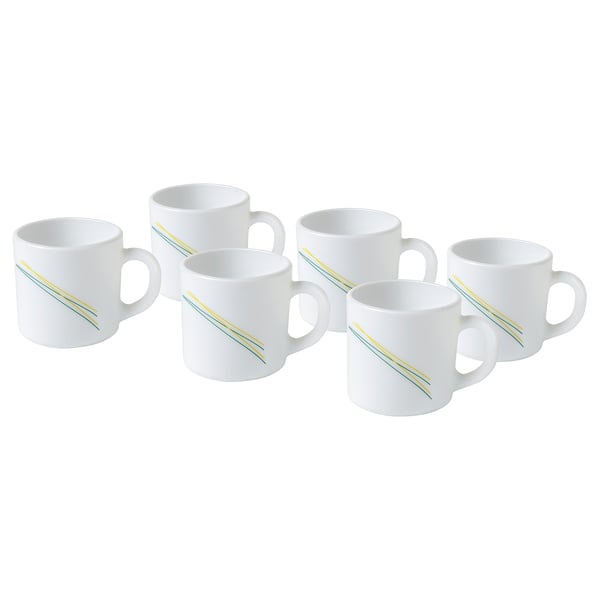 Six white mugs with sleek, diagonal lines, arranged in a line, made of tempered glass for durability.
