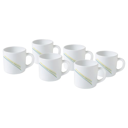 Six white mugs with sleek, diagonal lines, arranged in a line, made of tempered glass for durability.