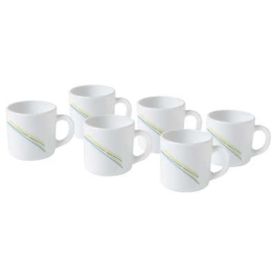 Six white mugs with sleek, diagonal lines, arranged in a line, made of tempered glass for durability.