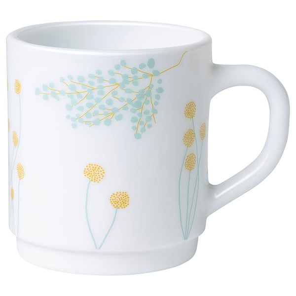 SKRÄNTÄRNA mug, white with blue and yellow flowers, glossy tempered glass.