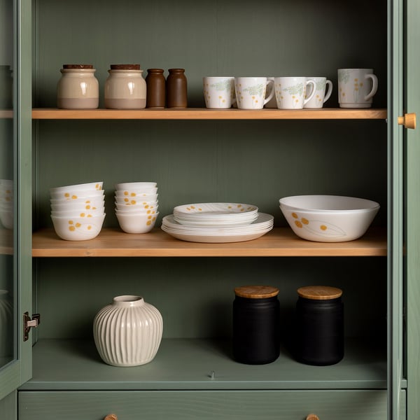Shelf with mugs, bowls, and storage jars. Mugs have floral designs, and bowls are stacked neatly.