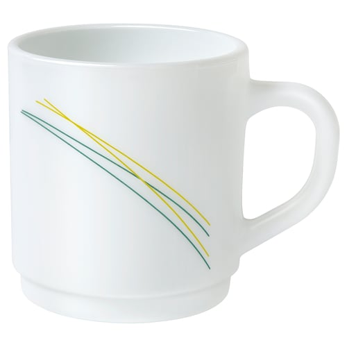 White SKRÄNTÄRNA mug with green/yellow lines, tempered opal glass, rounded shape, right-sided handle.