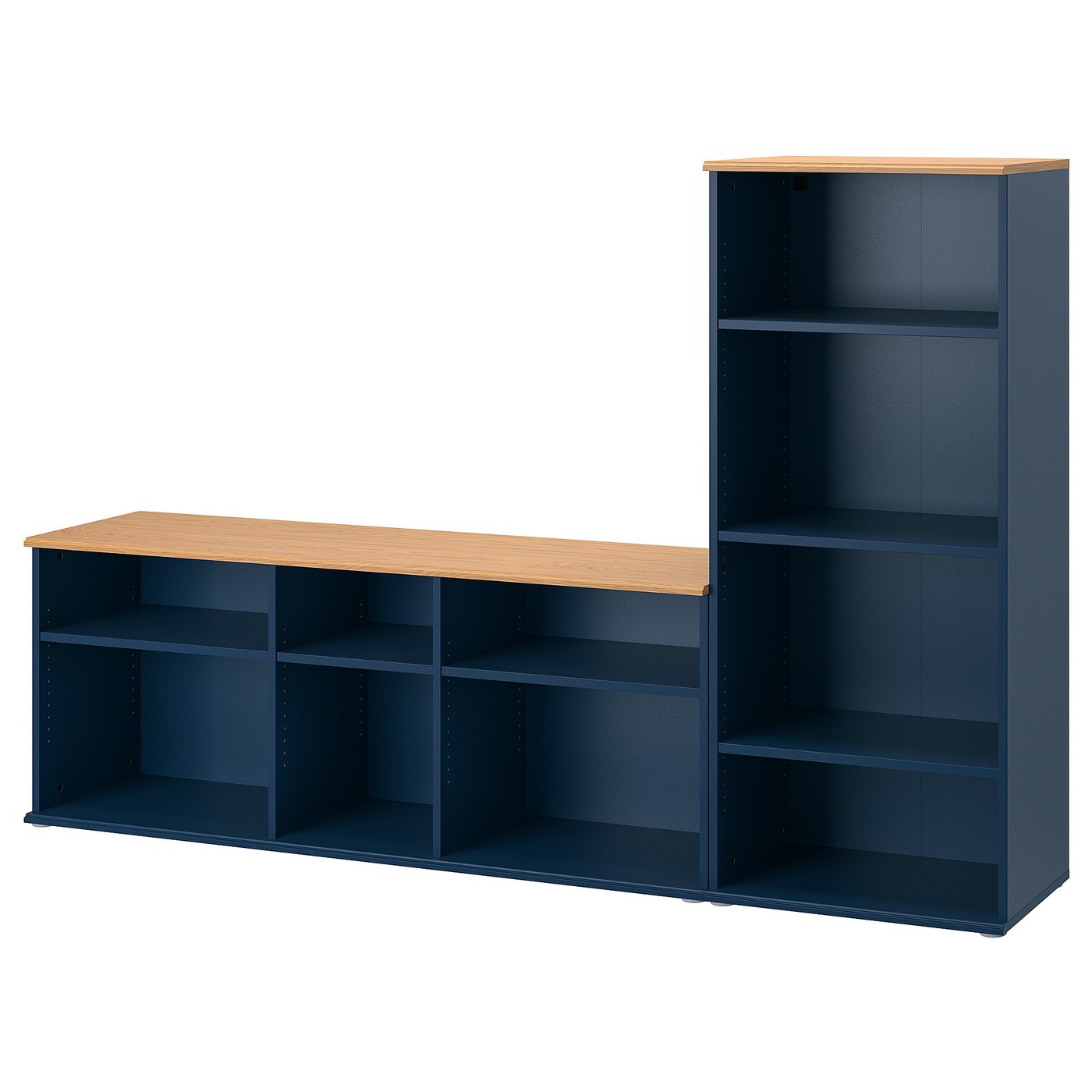 SKRUVBY TV storage combination, black-blue, 216x38x140 cm (85x15x55 1/8 ")