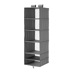 SKUBB grey fabric wardrobe organiser, hanging shelves with mesh front.