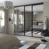 SKYTTA / PAX Walk-in wardrobe with sliding doors, black/Auli mirror glass, 276x160x240 cm