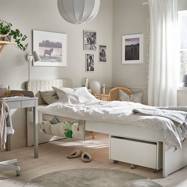 SLÄKT Bed frame, incl headboard/Vissle beige, 90x200 cm
