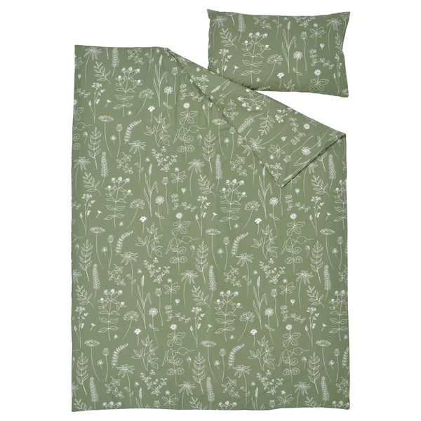 SLÅNGULDMAL Duvet cover and pillowcase, green/floral pattern, 150x200/50x80 cm