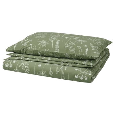 SLÅNGULDMAL Duvet cover and pillowcase, green/floral pattern, 150x200/50x80 cm