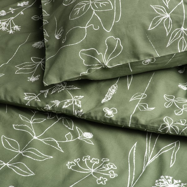 SLÅNGULDMAL Duvet cover and pillowcase, green/floral pattern, 150x200/50x80 cm