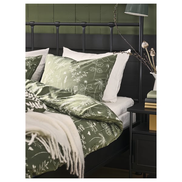 SLÅNGULDMAL Duvet cover and pillowcase, green/floral pattern, 150x200/50x80 cm