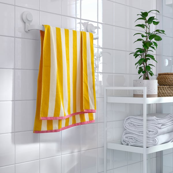 SLÅNHÖSTMAL Bath towel, white/yellow striped, 70x140 cm