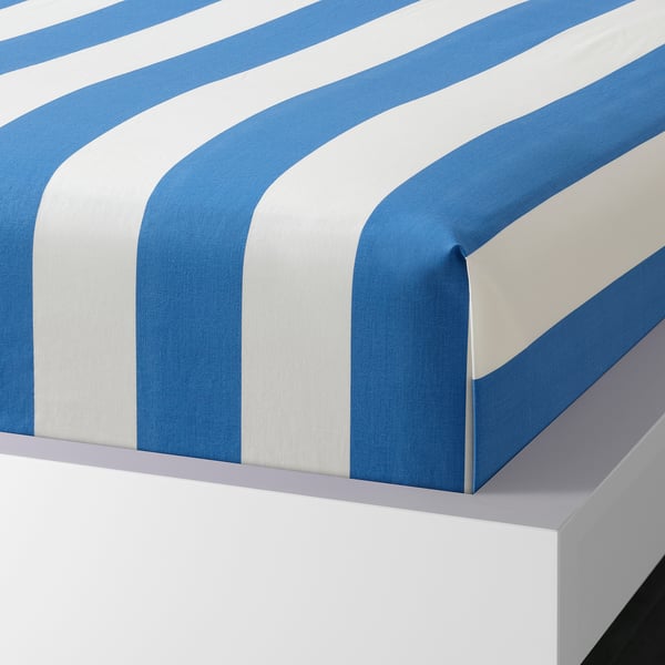 SLÅNHÖSTMAL Flat sheet and 2 pillowcase, blue/striped, 240x260/50x80 cm