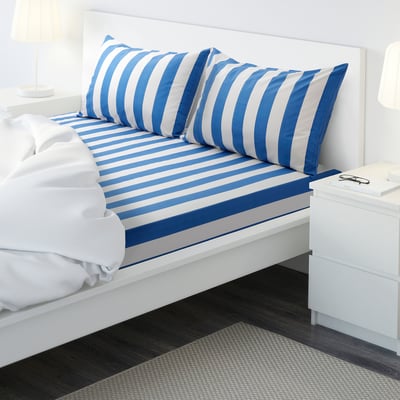 SLÅNHÖSTMAL Flat sheet and 2 pillowcase, blue/striped, 240x260/50x80 cm