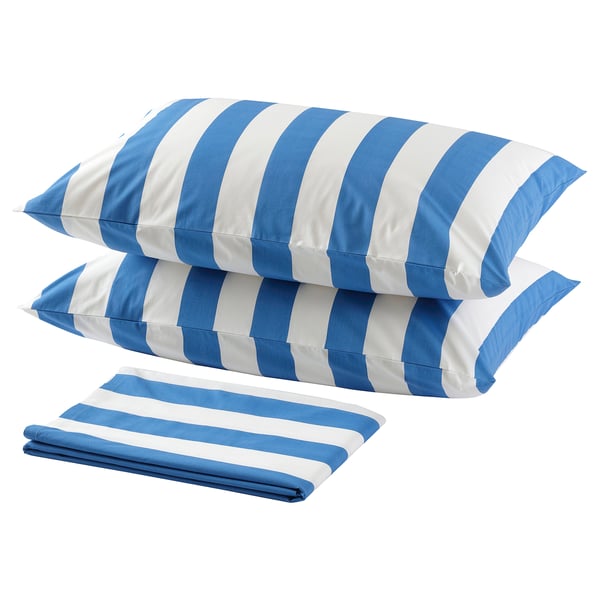SLÅNHÖSTMAL Flat sheet and 2 pillowcase, blue/striped, 240x260/50x80 cm