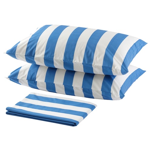 Blue & white striped bedding set. Includes flat sheet, fitted sheet, and two pillowcases. Material: cotton & viscose.