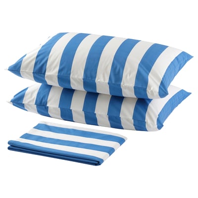 SLÅNHÖSTMAL Flat sheet and 2 pillowcase, blue/striped, 240x260/50x80 cm