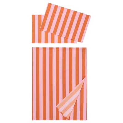 SLÅNHÖSTMAL Flat sheet and 2 pillowcase, orange/pink/stripe, 240x260/50x80 cm