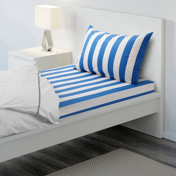 SLÅNHÖSTMAL Flat sheet and pillowcase, blue/striped, 150x260/50x80 cm