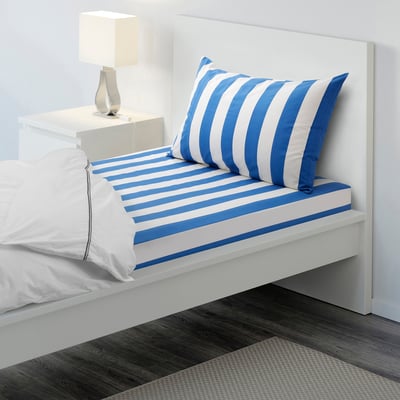 SLÅNHÖSTMAL Flat sheet and pillowcase, blue/striped, 150x260/50x80 cm