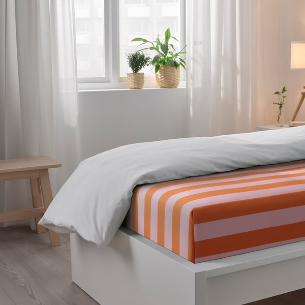 SLÅNHÖSTMAL Flat sheet and pillowcase, orange/pink/stripe, 150x260/50x80 cm
