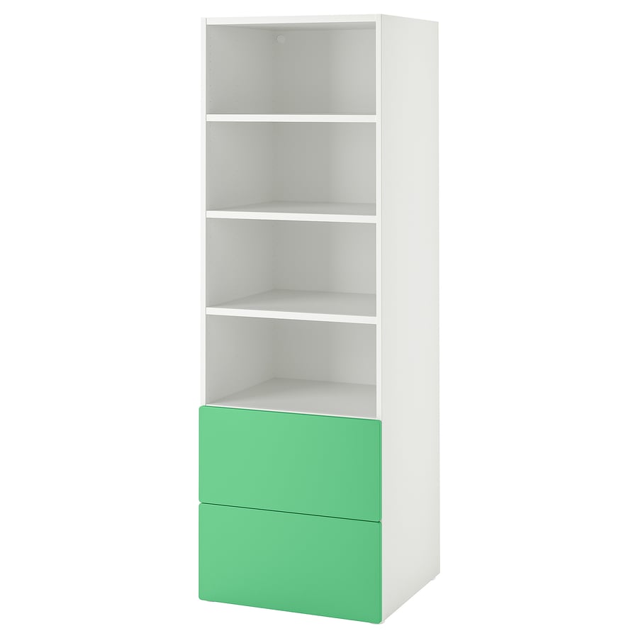 SMÅSTAD / PLATSA bookcase, white green/with 2 drawers, 60x57x181 cm
