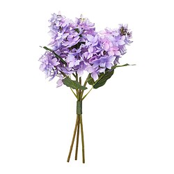 A bouquet named SMYCKA with purple flowers and green leaves, made from recycled materials.