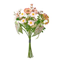 Illustration of SMYCKA bouquet: soft pink, white, and green flowers, ribbon-bound, recycled materials.