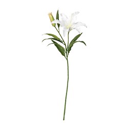 White artificial lily with green leaves, made from recycled plastic.