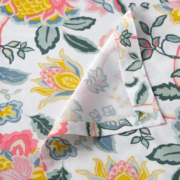 Floral-patterned bedsheet, light sheer material with vibrant flowers. High-thread fabric, smooth, displaying intricate floral designs.