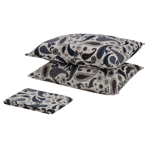 Three SÖTBLOMSTER paisley patterned pillows in blue & white shades, one folded sheet, soft cotton fabric.