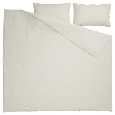 Beige SOLFIBBLA duvet set with stripes, recycled cotton, includes cover & 2 pillowcases.