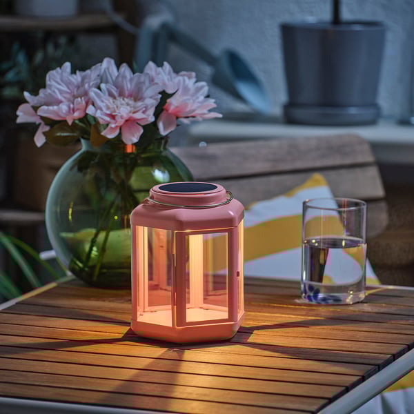 SOLVINDEN LED solar-powered table lamp, lantern/pink, 17 cm