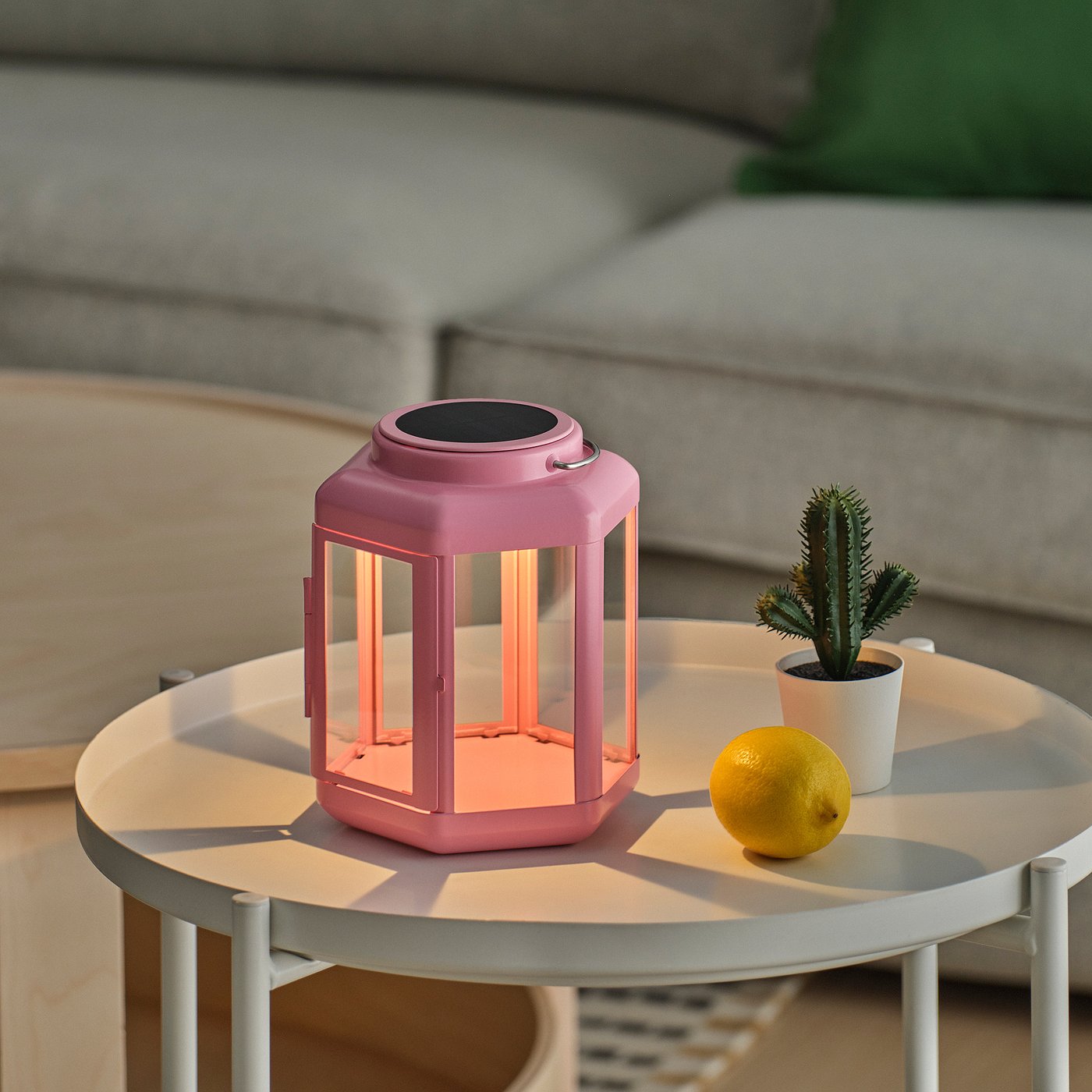 SOLVINDEN LED solar-powered table lamp, lantern/pink, 17 cm (7