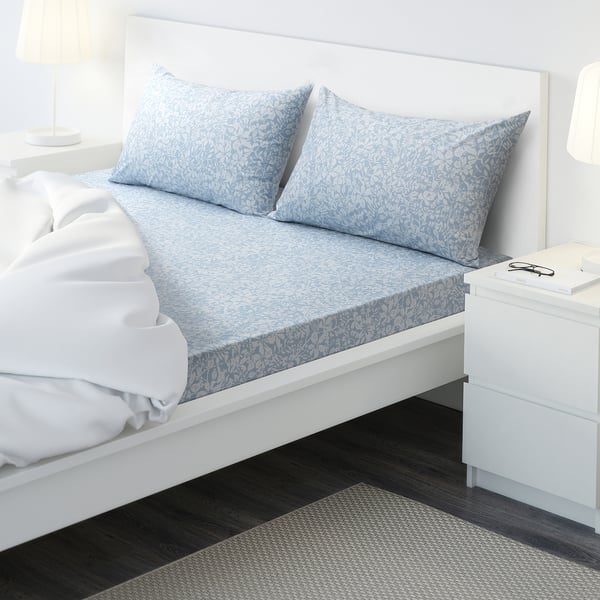 SOMMARSLÖJA Flat sheet and 2 pillowcase, blue/white, 240x260/50x80 cm