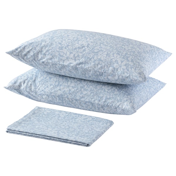SOMMARSLÖJA Flat sheet and 2 pillowcase, blue/white, 240x260/50x80 cm