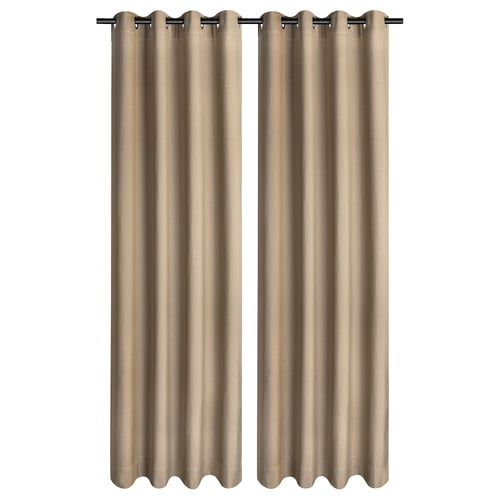 Two long, beige curtains with metal grommets, hanging straight, offering room darkening privacy.