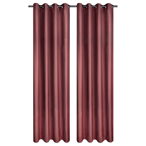 Two maroon, vertical curtains with eyelet design on rod, blocking light, made from recycled polyester.