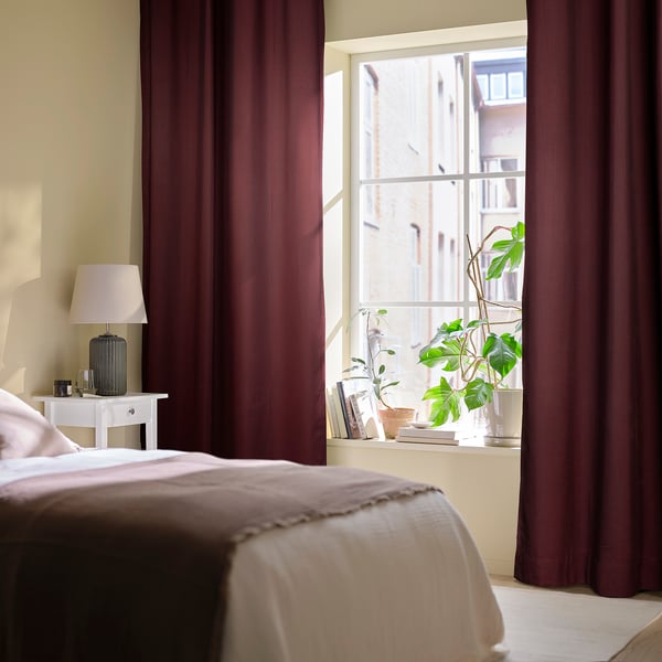 SPIRBJÖRNBÄR Room darkening curtains, 1 pair, dark brown-red/with eyelets, 145x250 cm