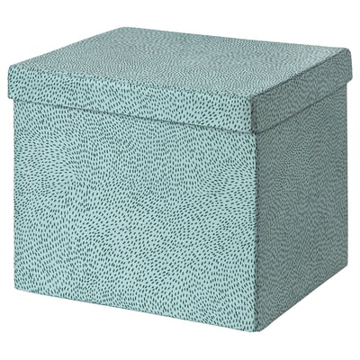 A green stjärnskot storage box with dotted pattern, square-shaped, made of recycled polyester.