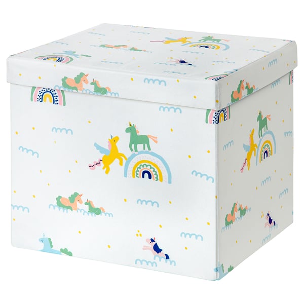 A stjärnskot storage box with a colourful unicorn and rainbow design, made of recycled polyester.