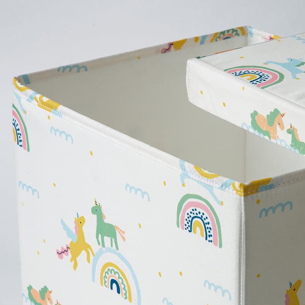 Foldable unicorn-themed storage box with lid, high-quality printed pattern, durable recycled polyester fabric.