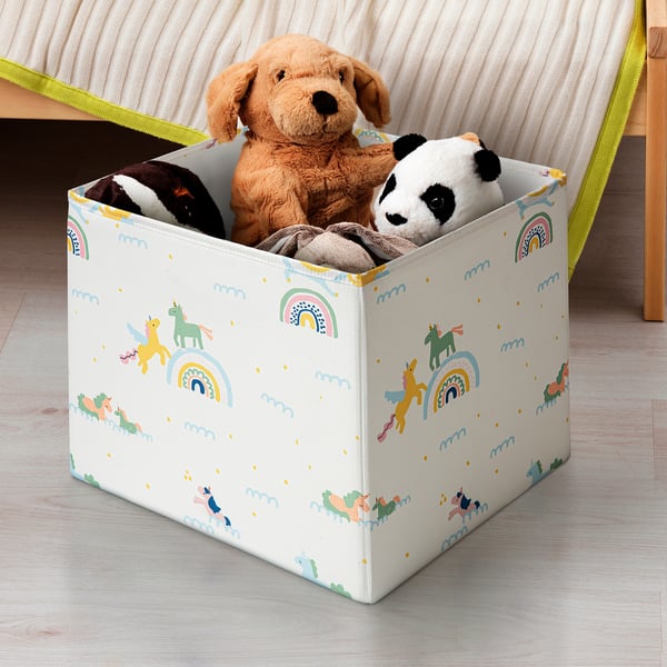Box with lid, holding stuffed animals, helps organise toys, colourful, on wooden floor.