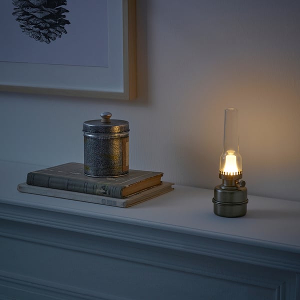 STRÅLA LED decorative table lamp, glass battery-operated/dark grey, 19 cm