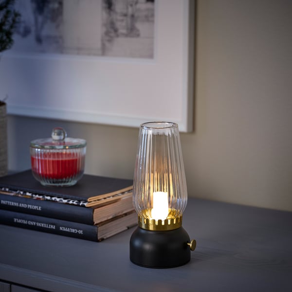 STRÅLA LED table lamp, batteryoperated glass/black dimmable, 18 cm (7