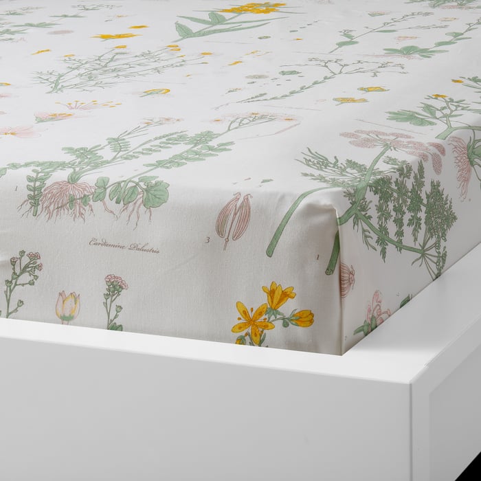 STRANDKRYPA flat sheet and 2 pillowcase, floral patterned/white